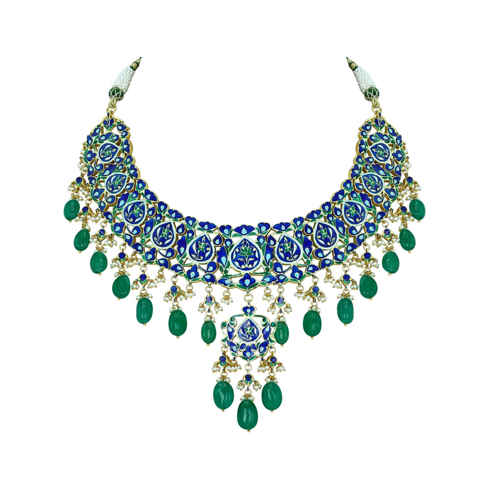 Pear Shaped Polki Choker with Emerald Drops and Cascading Design